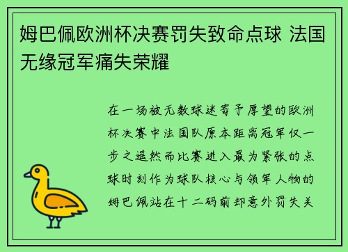 姆巴佩欧洲杯决赛罚失致命点球 法国无缘冠军痛失荣耀