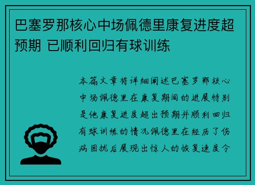 巴塞罗那核心中场佩德里康复进度超预期 已顺利回归有球训练